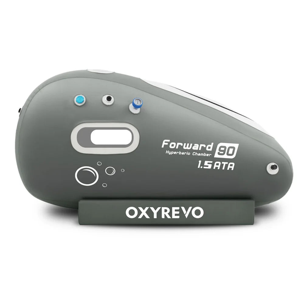 Profile view of the Oxyrevo Forward90 Hyperbaric Chamber with external gauge, blue valves and 1.5 ATA marking
