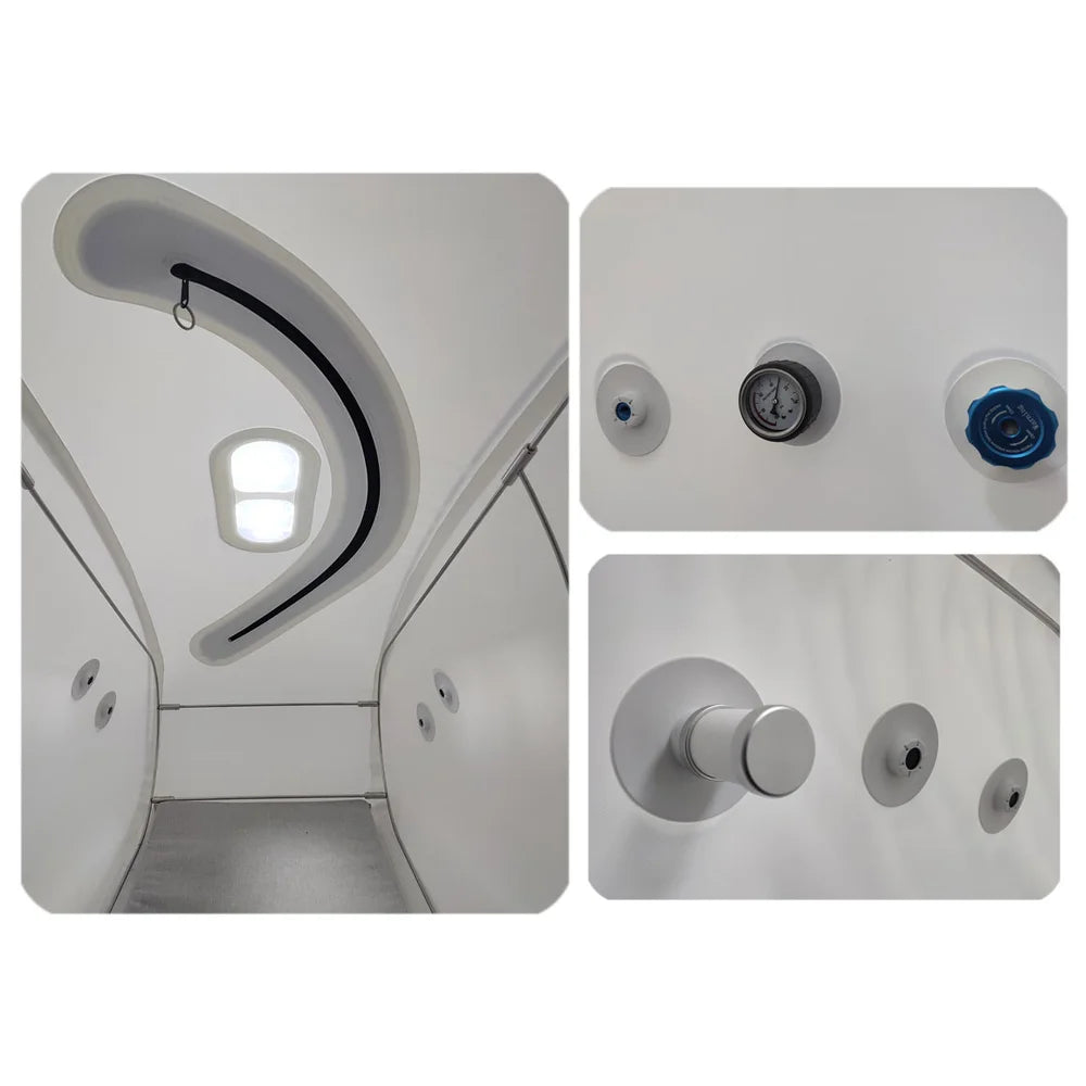 Collage of zipper, gauge, release valve and port close-ups inside the Oxyrevo Forward90 Oxygen Chamber