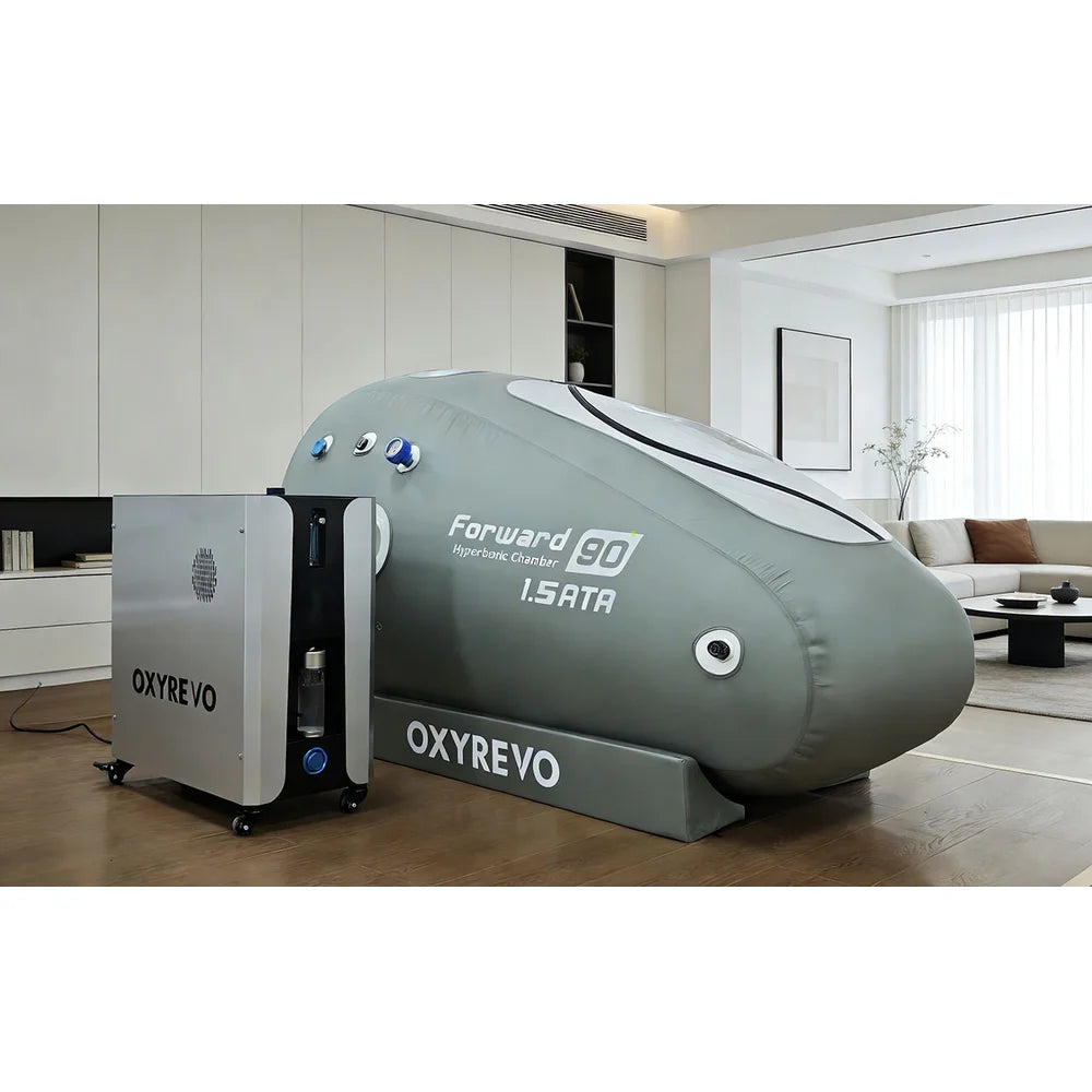 Pro Kit all-in-one machine cabinet beside the Oxyrevo Forward90 Oxygen Chamber in a living room