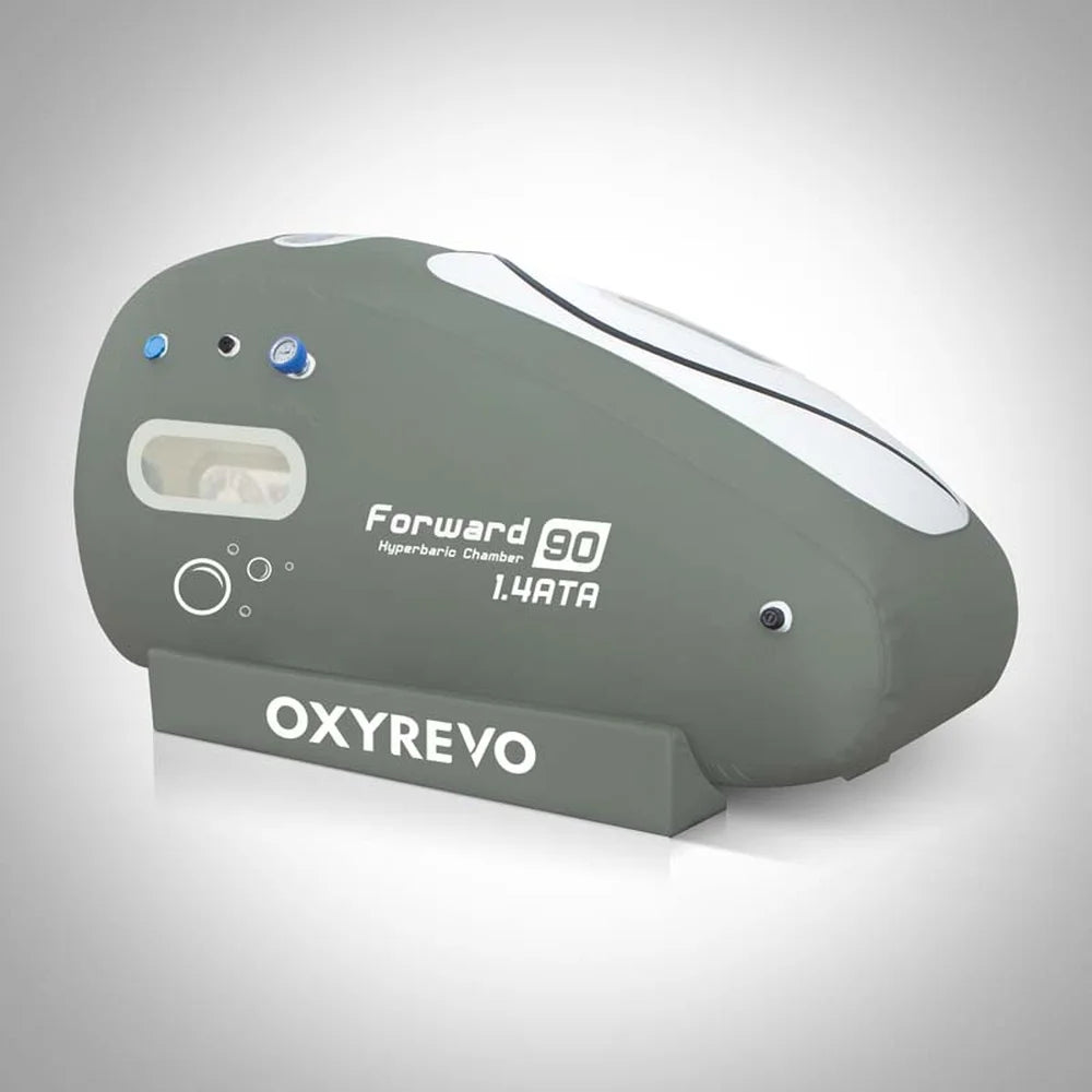 Front angled studio view of the 1.4 ATA Oxyrevo Forward90 with blue valves, gauge and side window