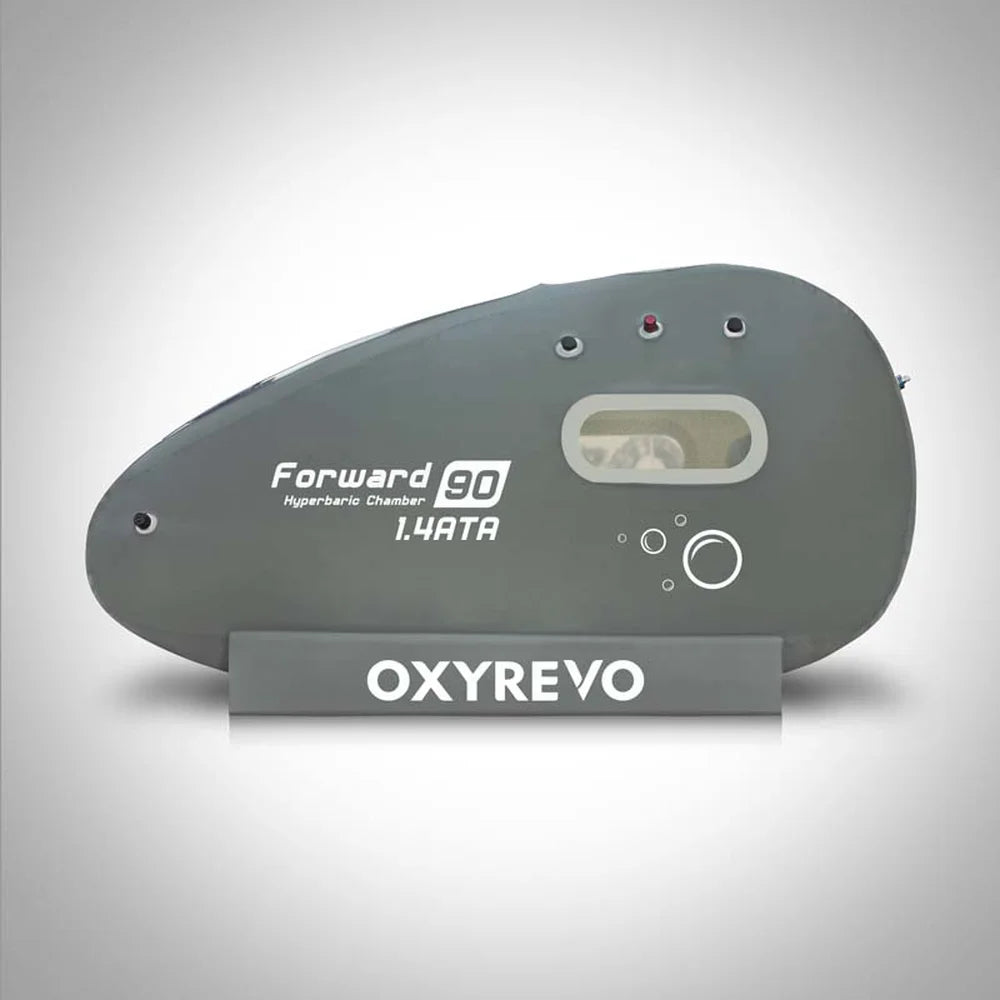Side view of the 1.4 ATA Oxyrevo Forward90 showing the red pressure relief valve and black air ports