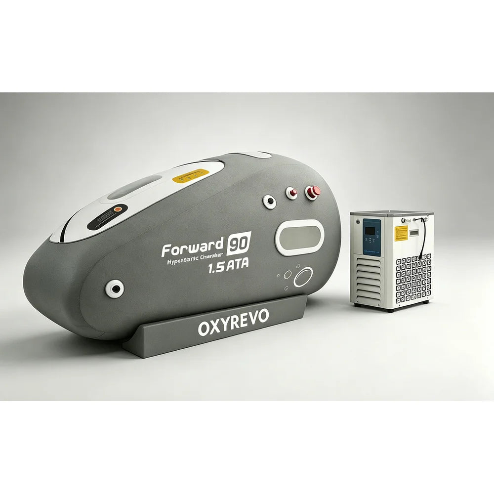 Water chiller air conditioner unit standing beside the grey Oxyrevo Forward90 Hyperbaric Chamber