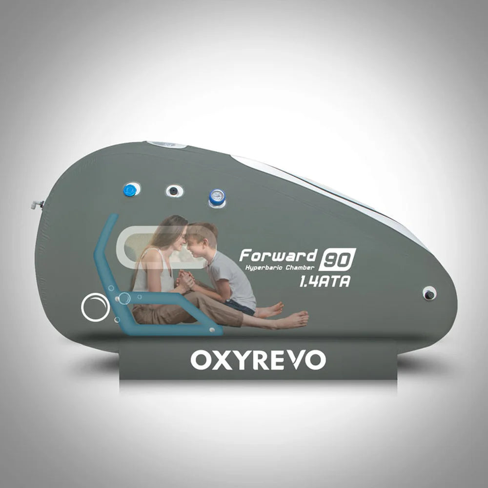 Overlay of a parent and child seated together showing two-person room in the Oxyrevo Forward90 Sitting Hyperbaric Chamber