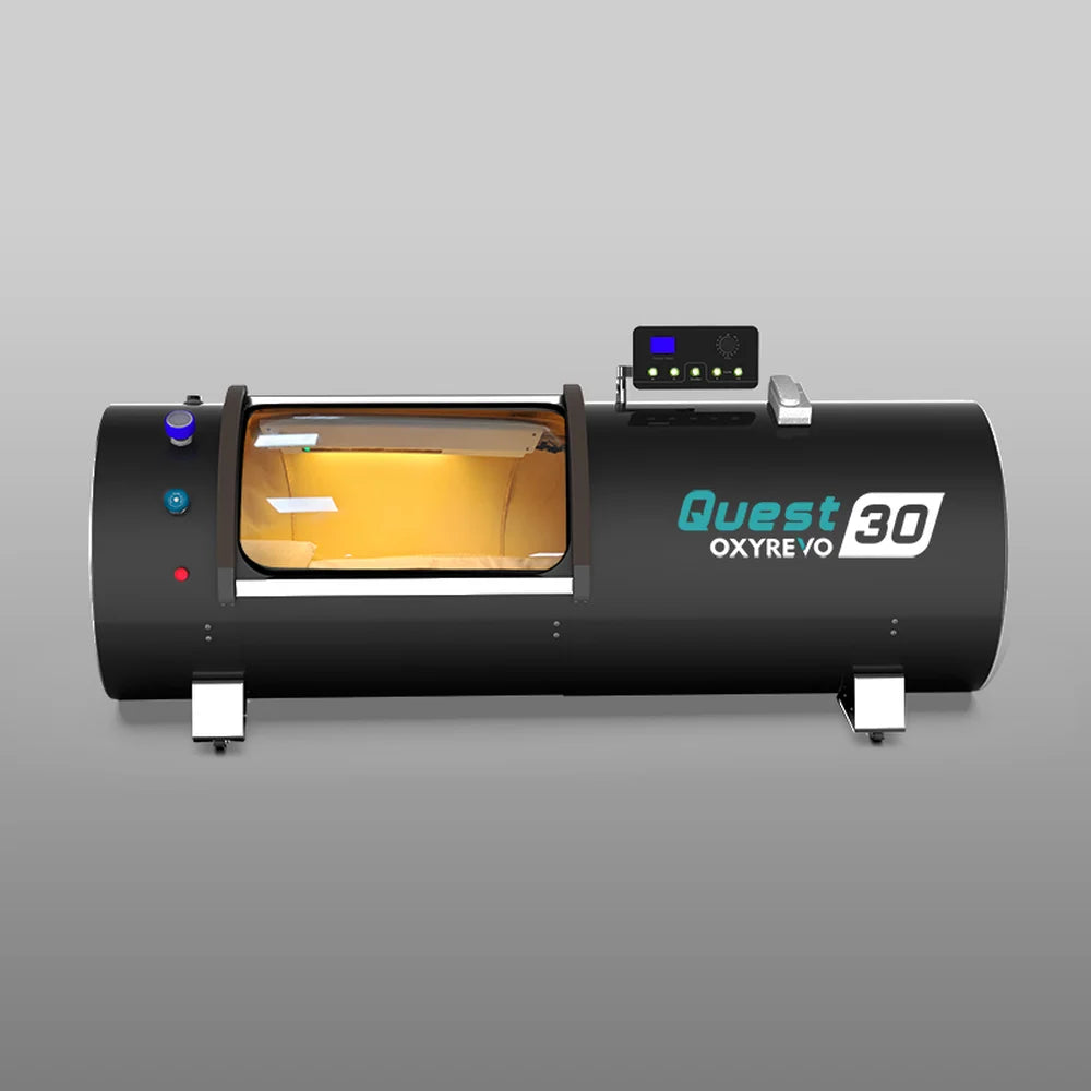 Black Quest 30 chamber viewed straight on with lit side window and top control panel, the OxyRevo Quest30 in dark finish