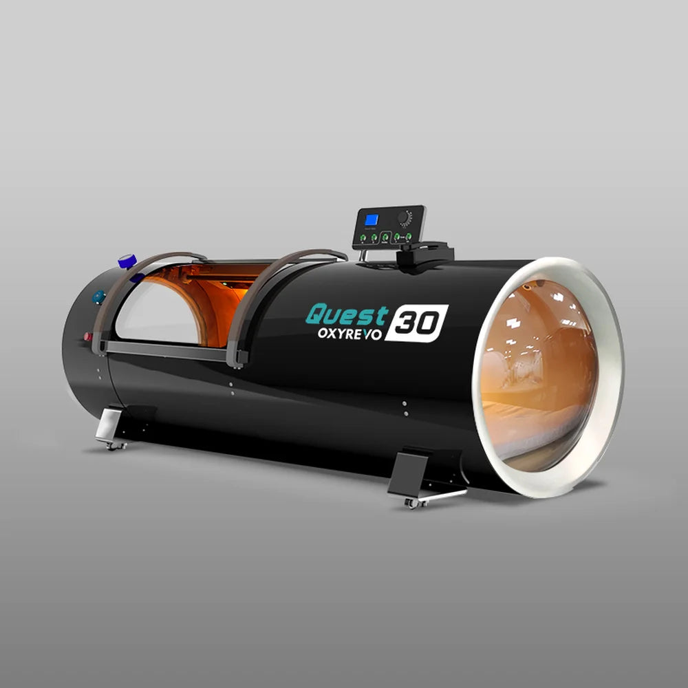 Black hard shell Quest 30 chamber angled with the transparent end window facing right, an OxyRevo Quest30 studio render