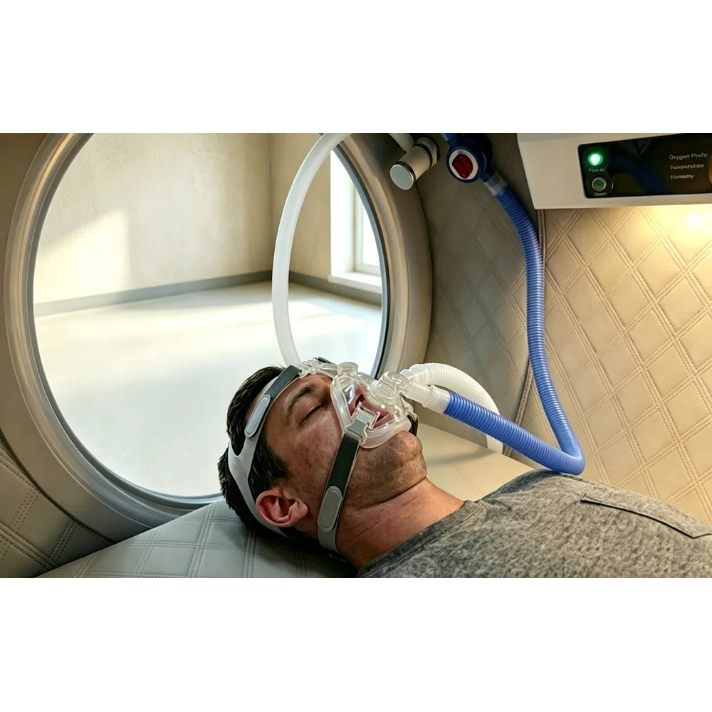 Man resting in the OxyRevo Quest30 with a sealed BIBS mask and twin hoses connected beside the round window