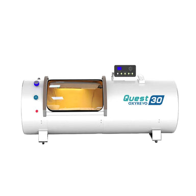 White Quest 30 hard chamber shown straight on with lit side window and control panel, the OxyRevo Quest30 Oxygen Chamber