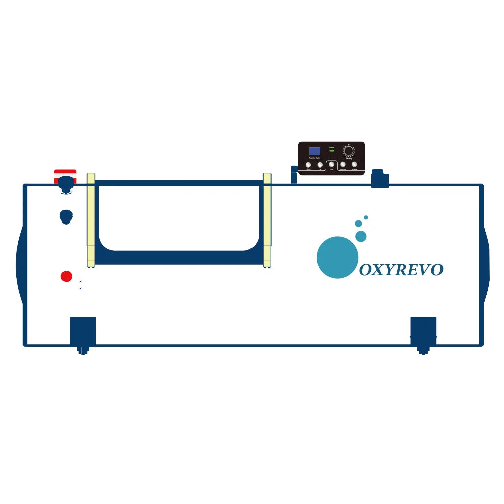 Vector side diagram of the OxyRevo Quest30 Hyperbaric Chamber marking window, valves, wheels and top control panel
