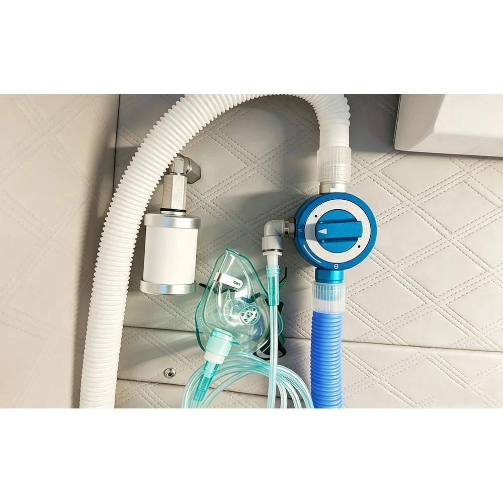 OmniBreath A and B selector valve, hoses and spare mask fitted inside the OxyRevo Quest30 Hard Hyperbaric Chamber