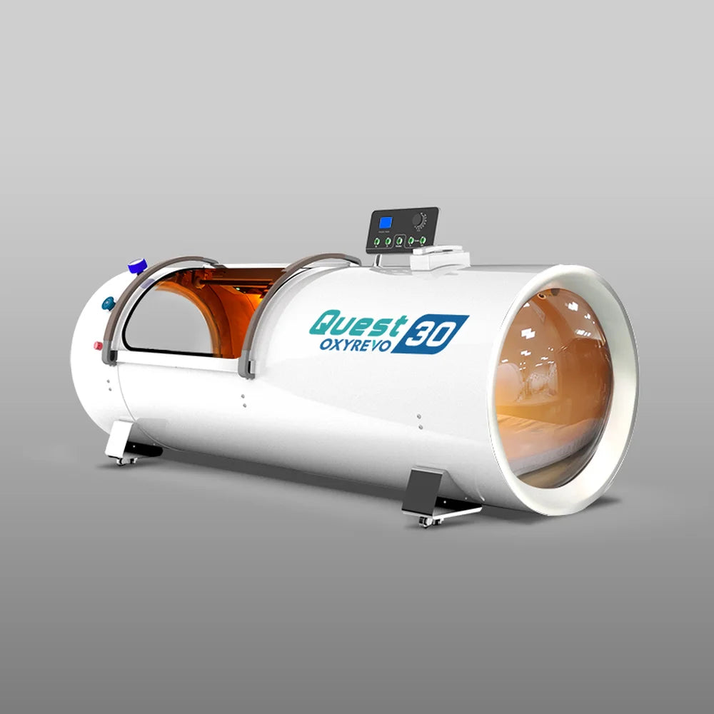 White hard chamber angled with the transparent round window to the right, an OxyRevo Quest30 Hyperbaric Chamber studio render