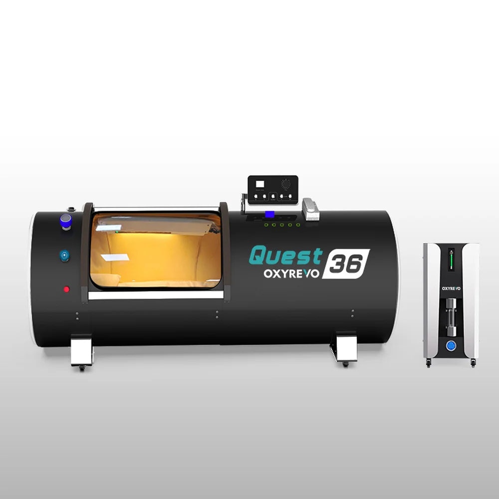 Black OxyRevo Quest36 Hard Hyperbaric Chamber pictured beside its white wheeled operating unit