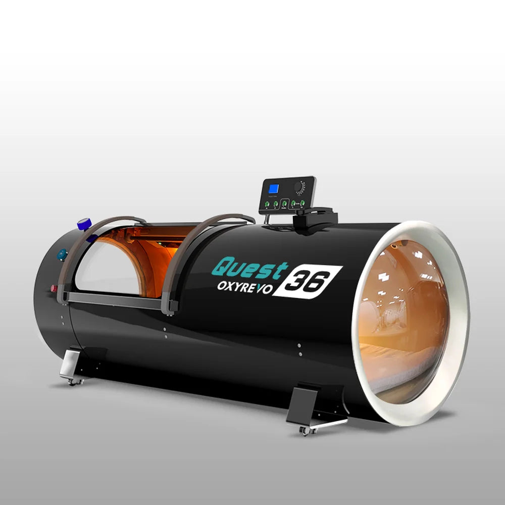 Rear angled studio render of the OxyRevo Quest36 Hyperbaric Chamber in black with glowing end window