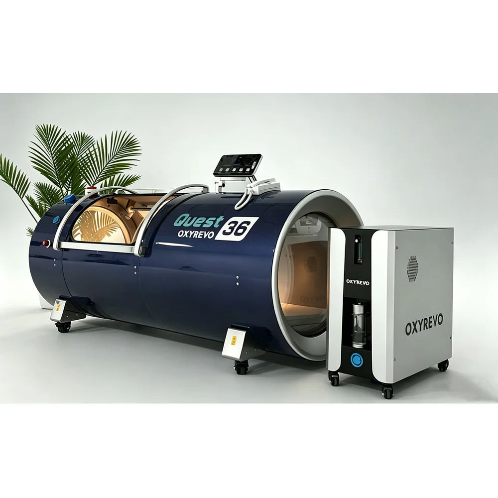 Navy shell and matching operating unit of the OxyRevo Quest36 Oxygen Chamber with open front end and lit interior