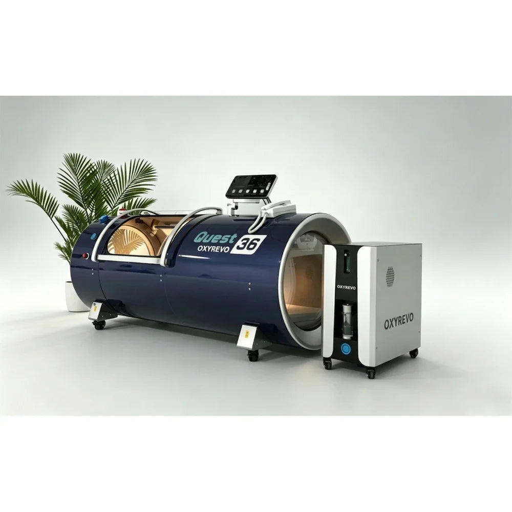 Three-quarter view of the navy OxyRevo Quest36 Oxygen Chamber with round entry open and interior lit