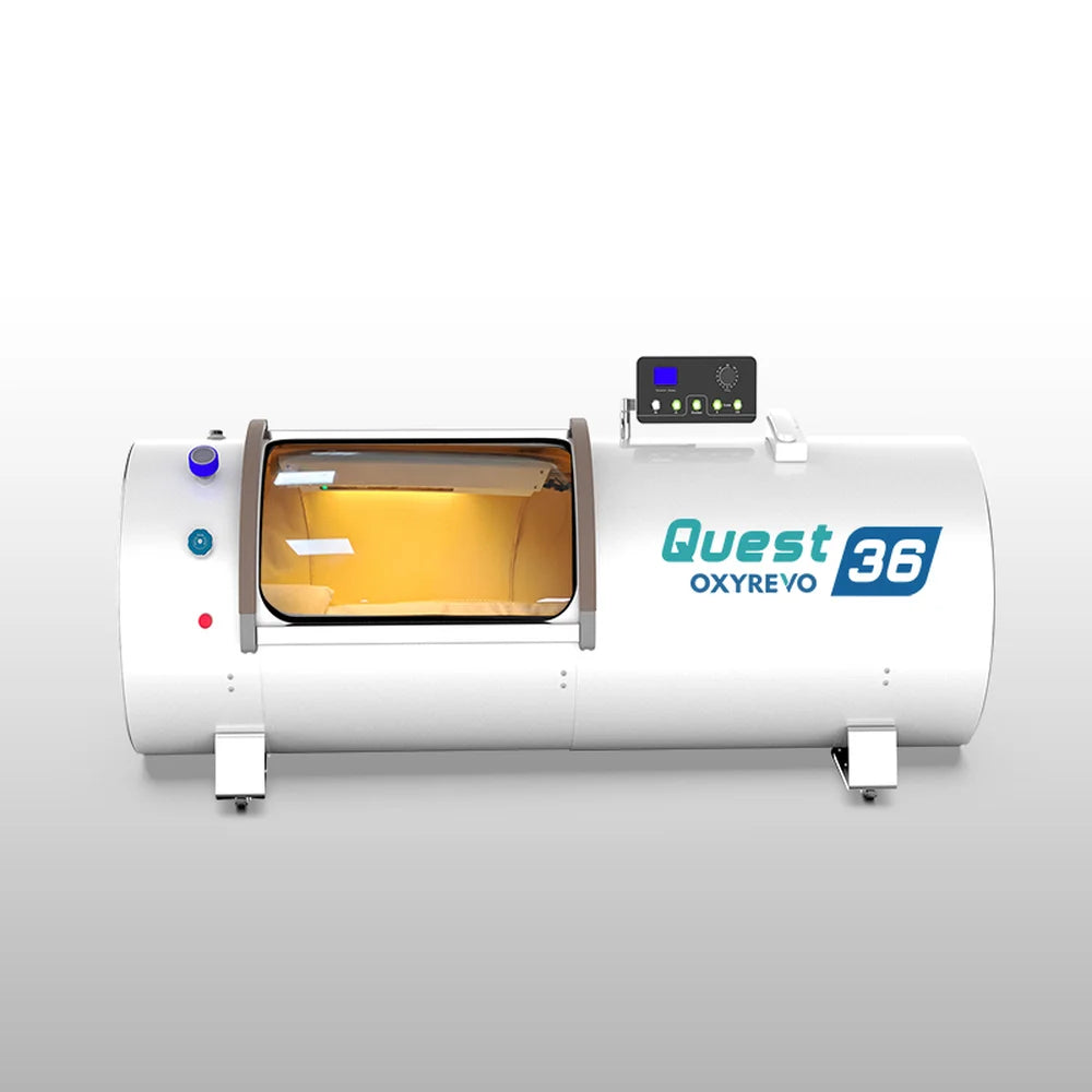 White OxyRevo Quest36 with blue branding shown front on with side window open and control panel on top
