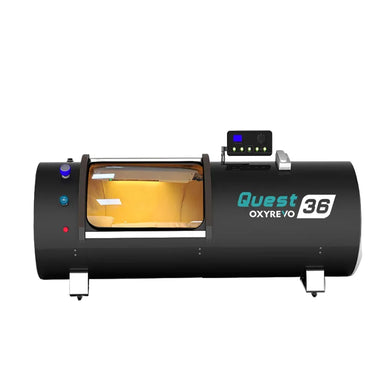 Black OxyRevo Quest36 Hyperbaric Oxygen Chamber shot straight on with side window and top control panel