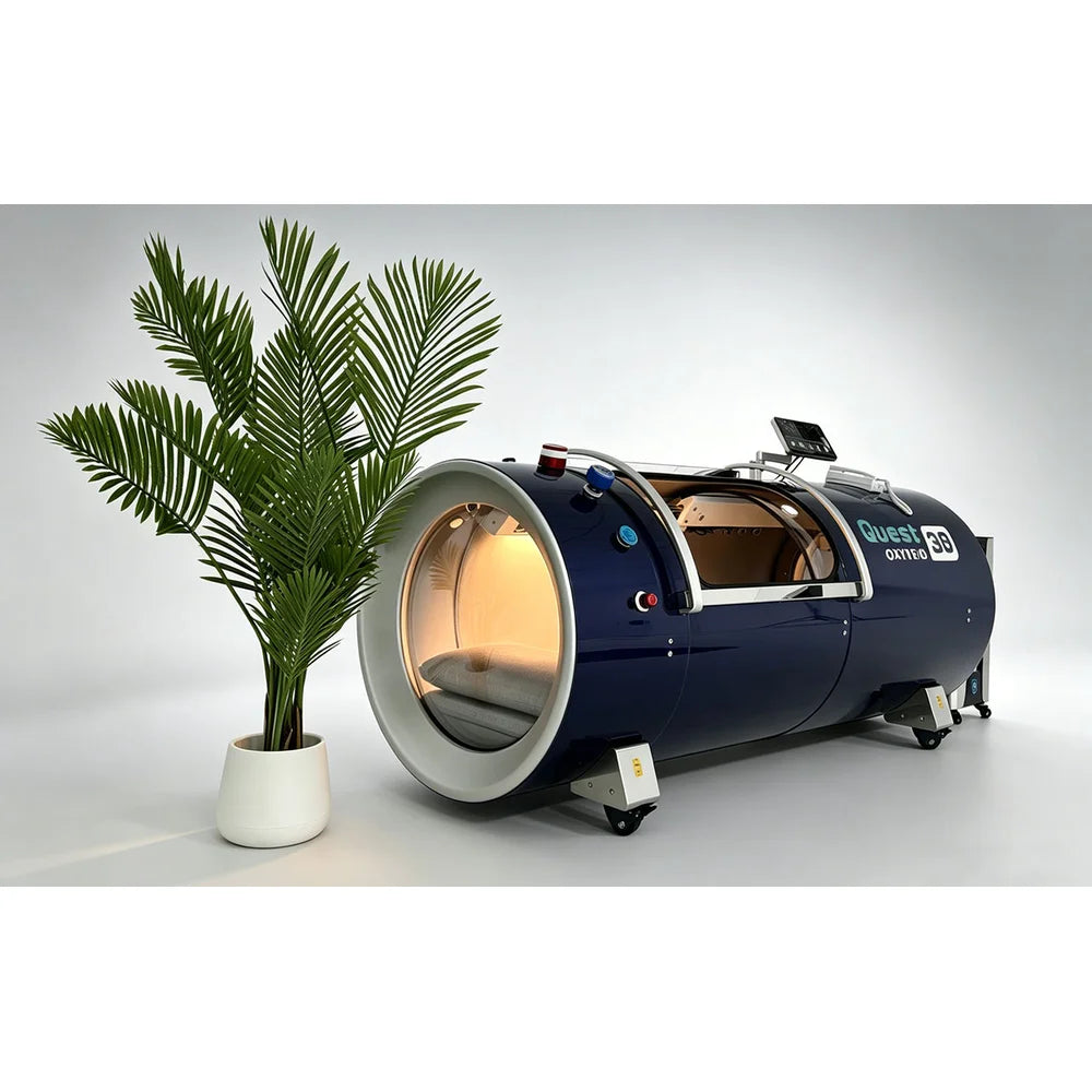 Large round end window of the navy OxyRevo Quest36 Hard Hyperbaric Chamber showing the cushioned bed inside