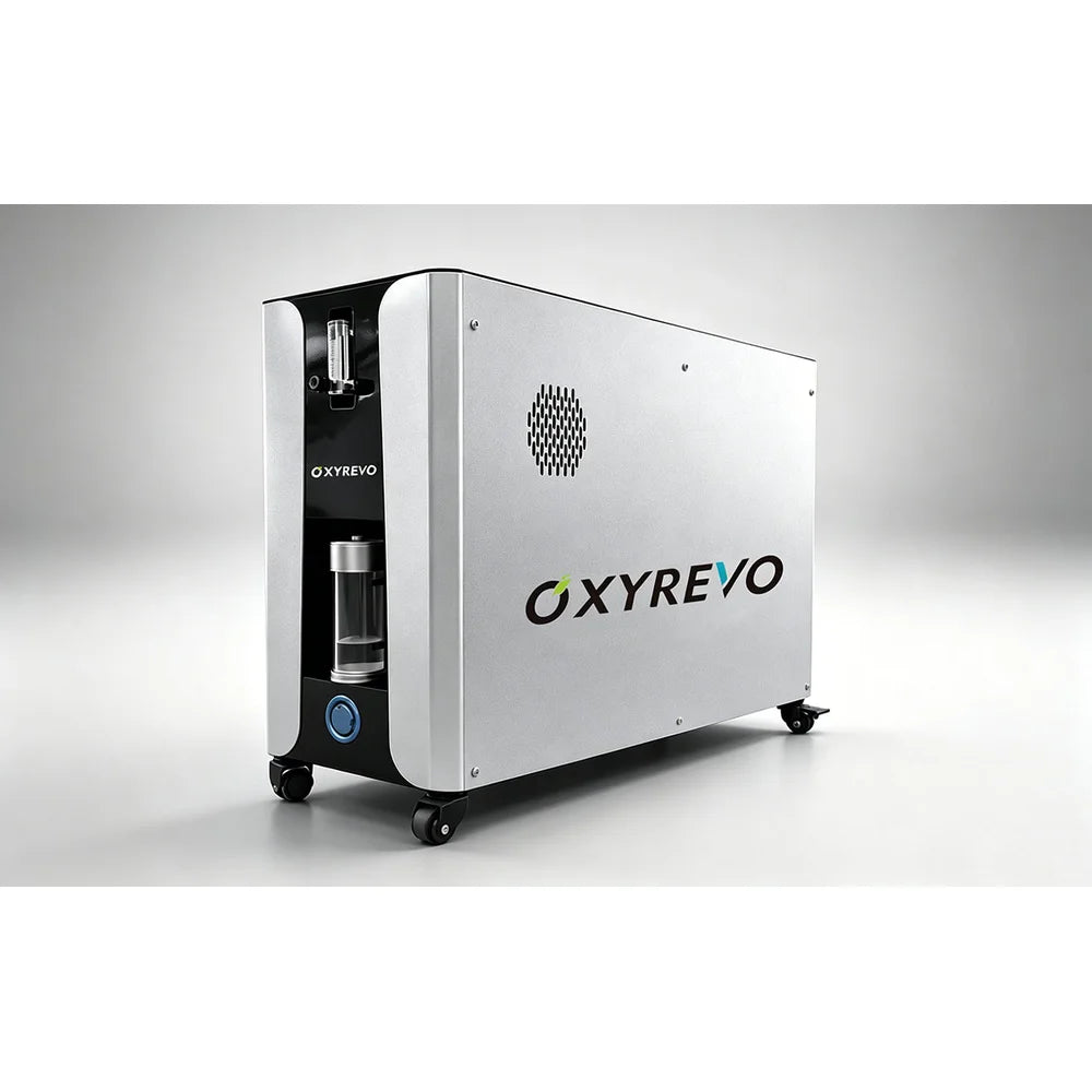 Silver 20L all-in-one oxygen concentrator machine offered as an upgrade for the OxyRevo Quest36
