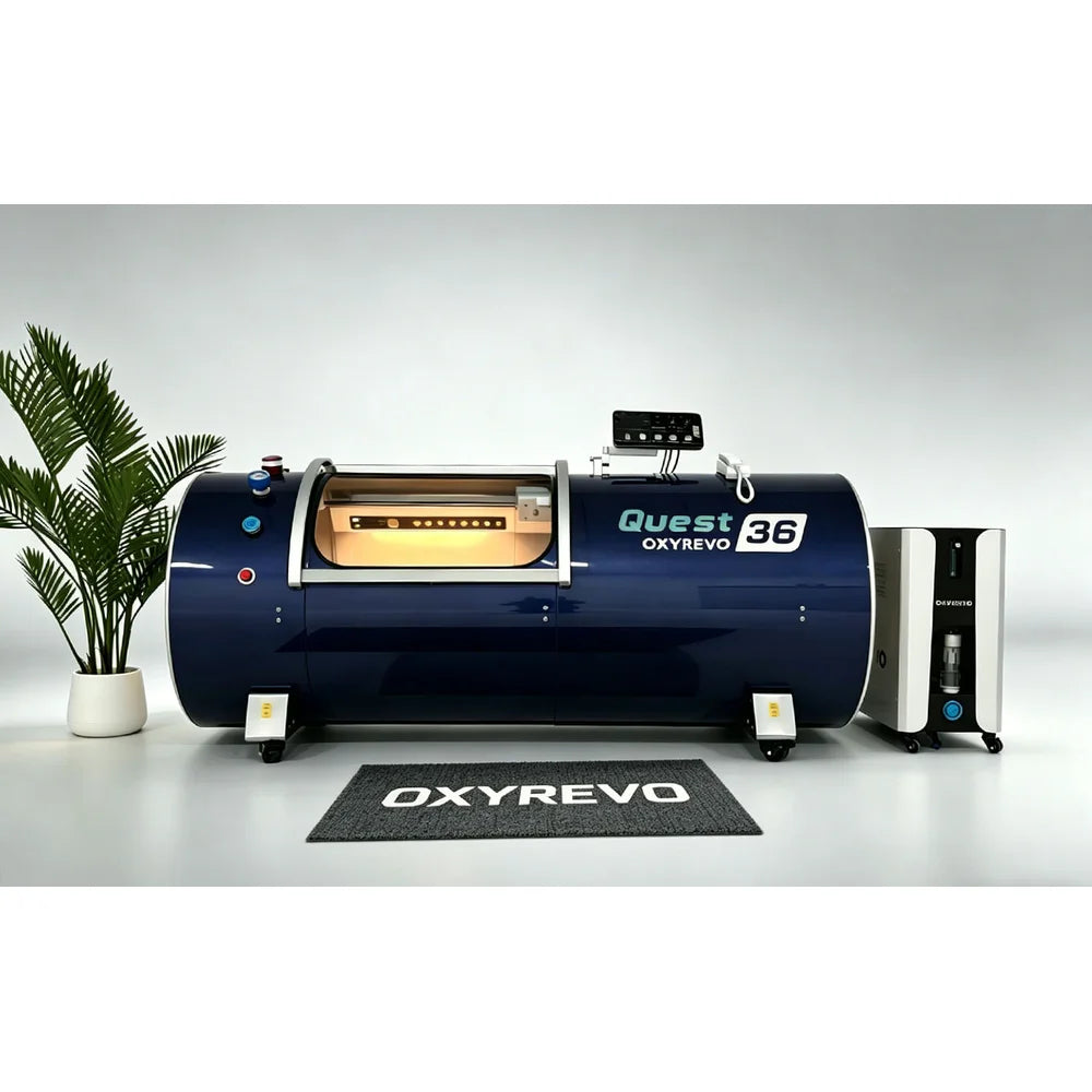 Navy blue OxyRevo Quest36 Hyperbaric Chamber shown side on with window, valves and branded floor mat