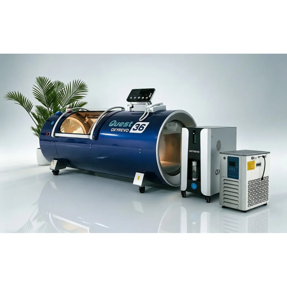 Navy OxyRevo Quest36 Hyperbaric Oxygen Chamber paired with the optional water chiller cooling unit