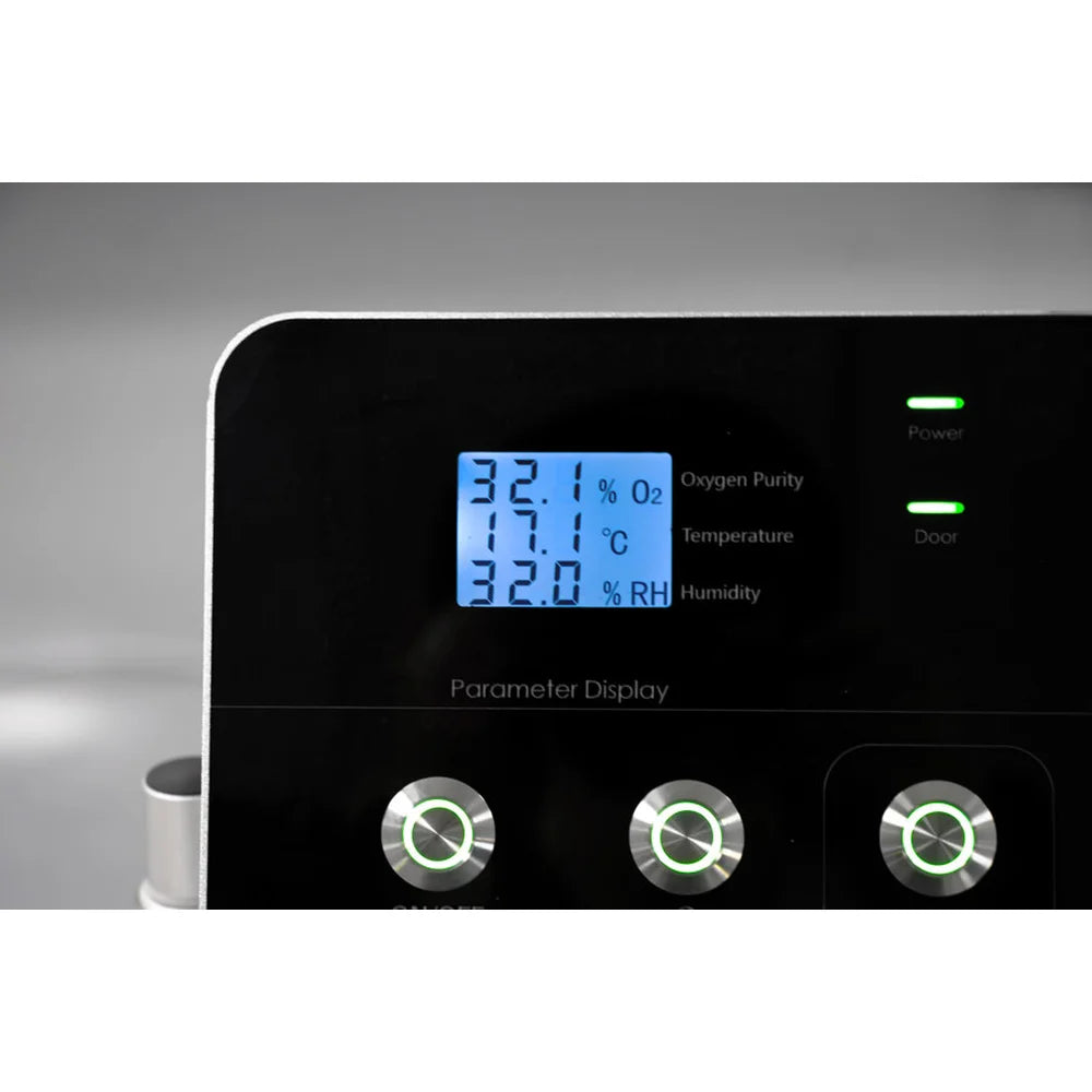 Blue LCD readout of oxygen purity, temperature and humidity on the OxyRevo Quest36 Hard Hyperbaric Chamber panel
