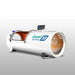 Rear three-quarter studio view of the white OxyRevo Quest36 Oxygen Chamber with bedding visible through the end window