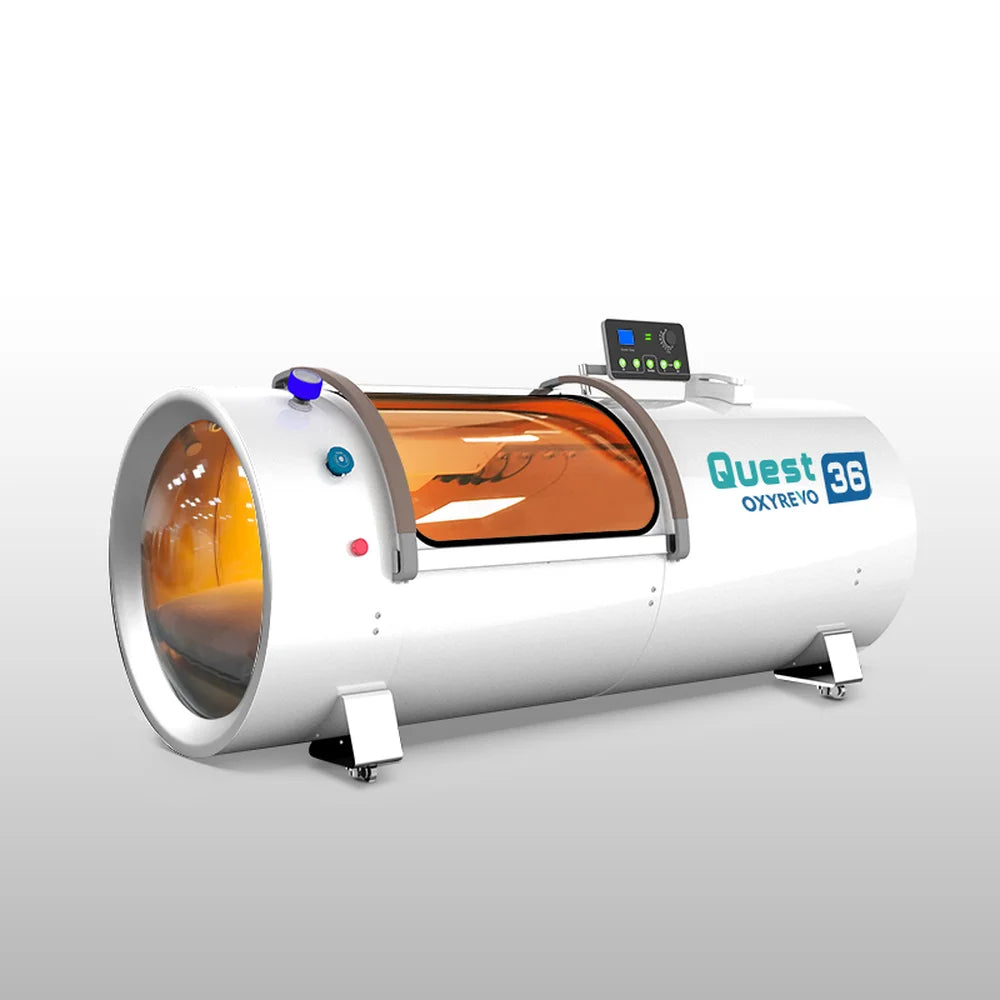 Angled render of the white OxyRevo Quest36 Hard Hyperbaric Chamber with amber lit round end porthole