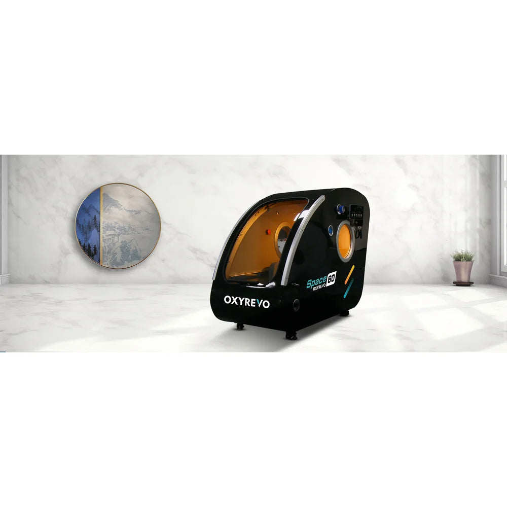 Black Space60 chamber placed in a marble walled room, lifestyle view of the OxyRevo Space60 Oxygen Therapy Chamber