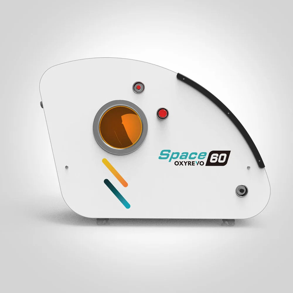 Flat side view of the OxyRevo Space60 Sitting Hyperbaric Chamber with porthole and red emergency buttons