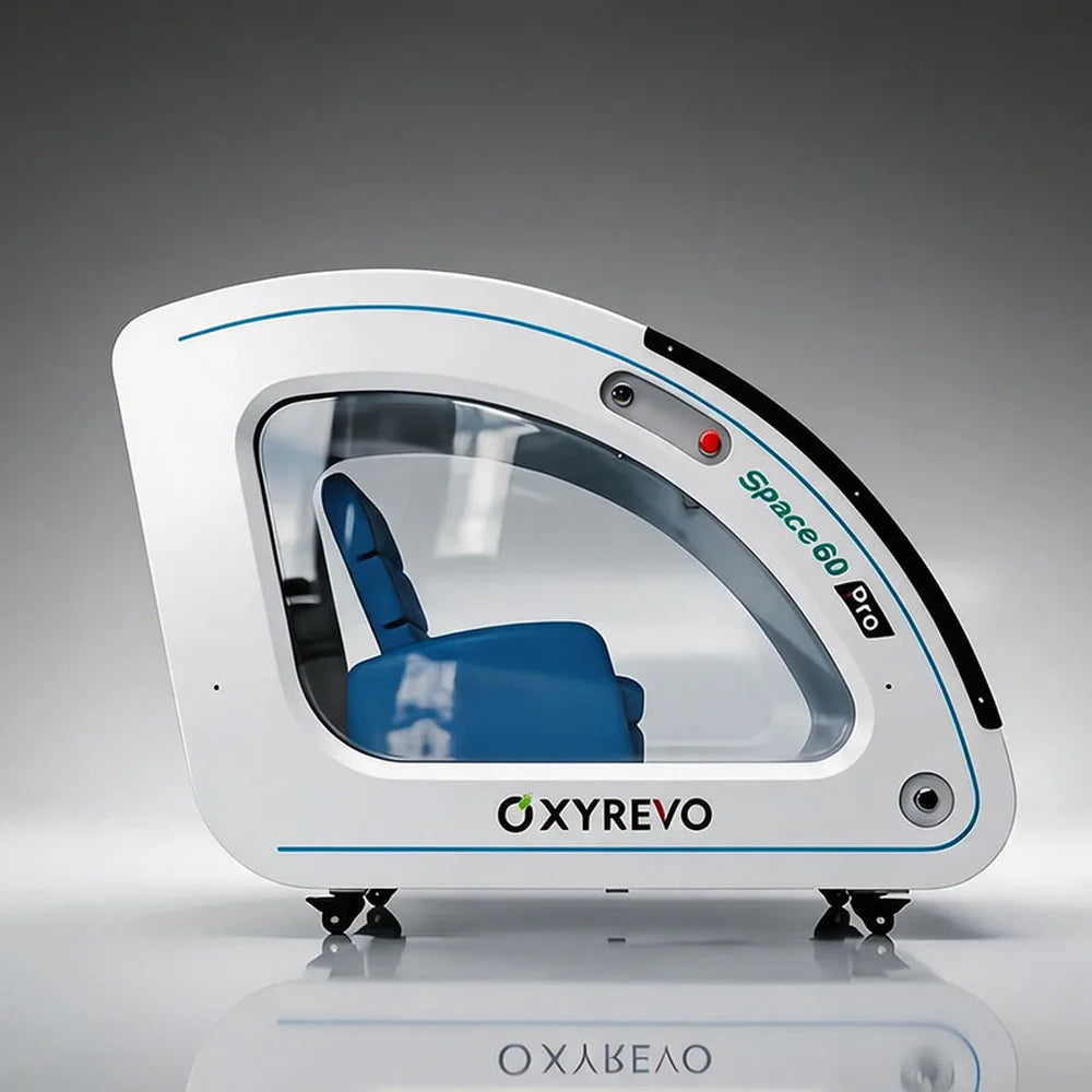 Badged side profile of the white OXYREVO Space60 Pro Hyperbaric Chamber with emergency button and valves