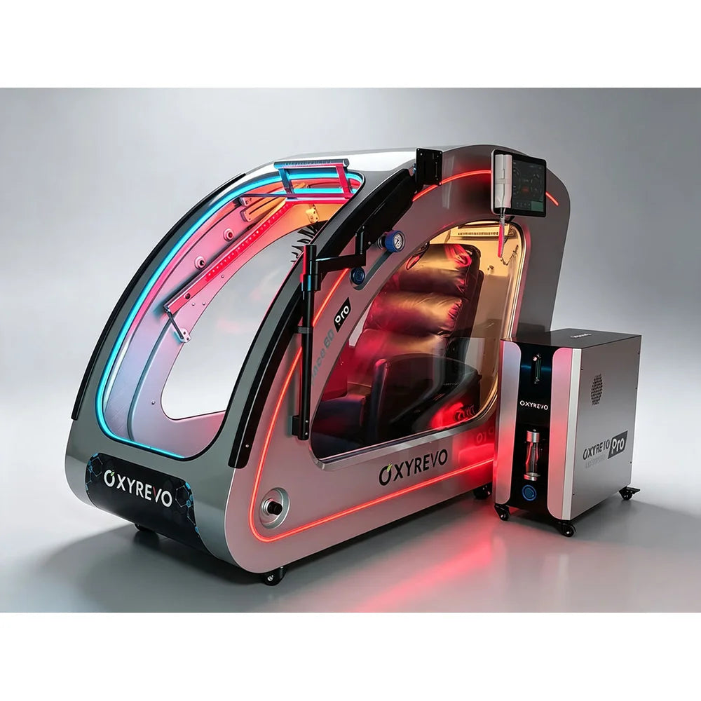 Silver OXYREVO Space60 Pro Oxygen Chamber with open door, glowing red light panel and matching operating unit