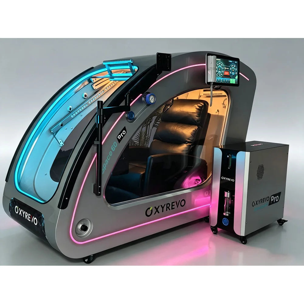 Silver OXYREVO Space60 Pro Oxygen Chamber lit in pink with door raised and its all-in-one machine alongside