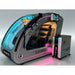 Silver OXYREVO Space60 Pro Oxygen Chamber lit in pink with door raised and its all-in-one machine alongside