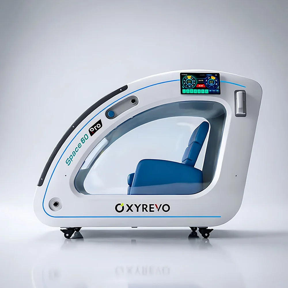Side profile of the white OXYREVO Space60 Pro Hyperbaric Chamber with curved window and external touch screen