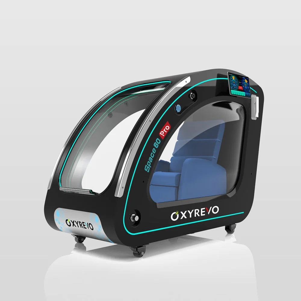 Black OXYREVO Space60 Pro Hyperbaric Oxygen Chamber shown at an angle with cyan trim and blue interior seat