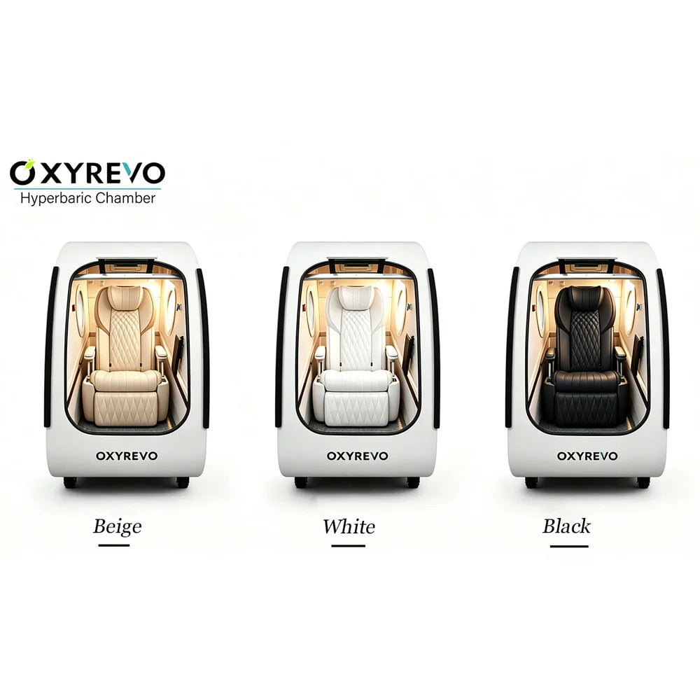 Labelled comparison of beige, white and black chair upholstery options for the OXYREVO Space60 Pro Hyperbaric Oxygen Chamber