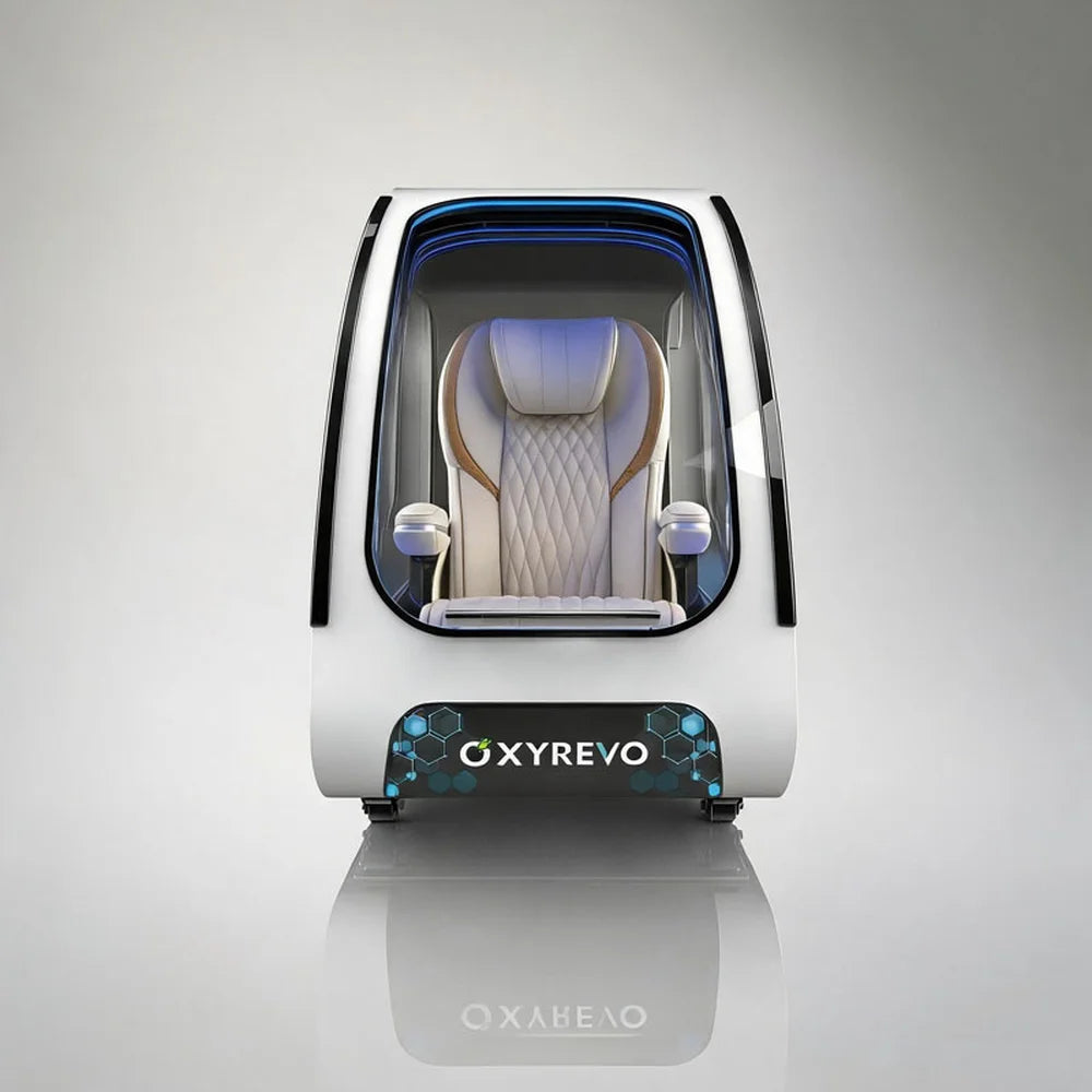 Front doorway render of the OXYREVO Space60 Pro 2.0 ATA Hyperbaric Chamber showing the cream quilted recliner