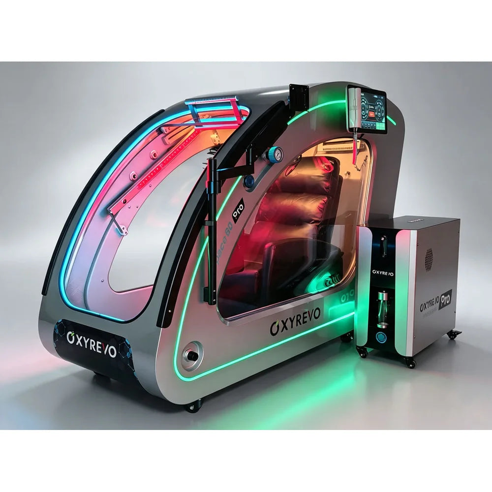 Silver OXYREVO Space60 Pro Hyperbaric Chamber with green ambient lighting, red light panel and operating unit