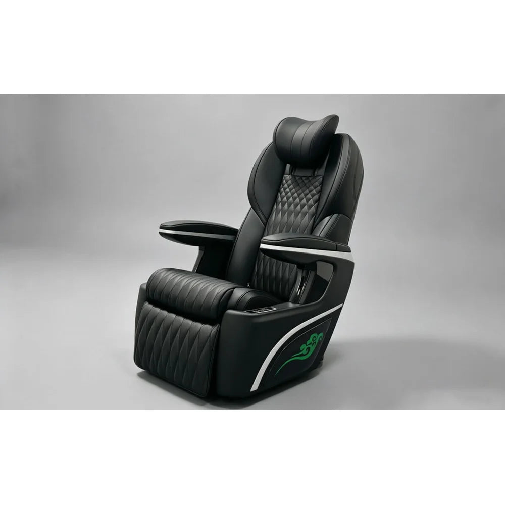 Adjustable headrest raised on the black leather multifunction power chair of the OXYREVO Space60 Pro