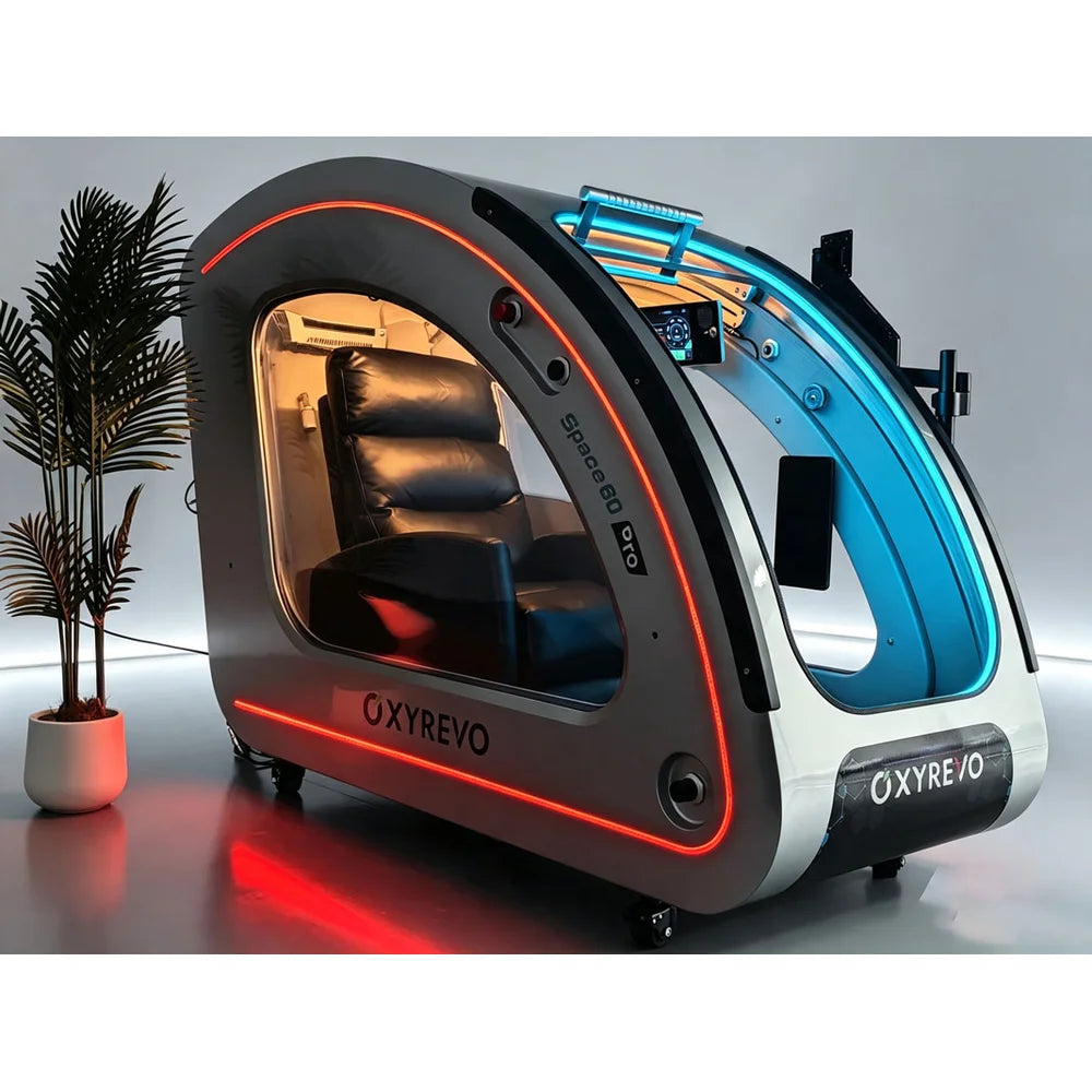 OXYREVO Space60 Pro Oxygen Chamber seen from the far side with red outline lighting and blue-lit open door