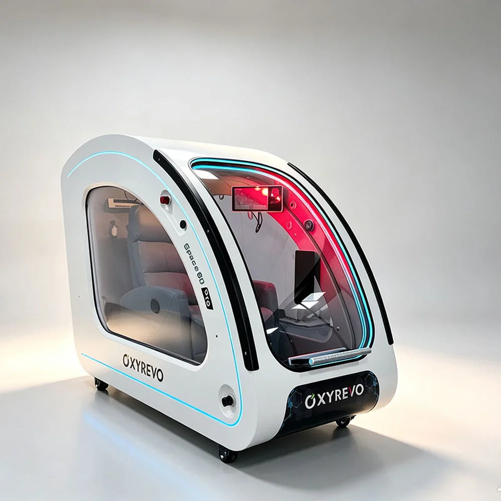 White OXYREVO Space60 Pro Oxygen Chamber at a three-quarter angle with cyan trim and grey recliner inside