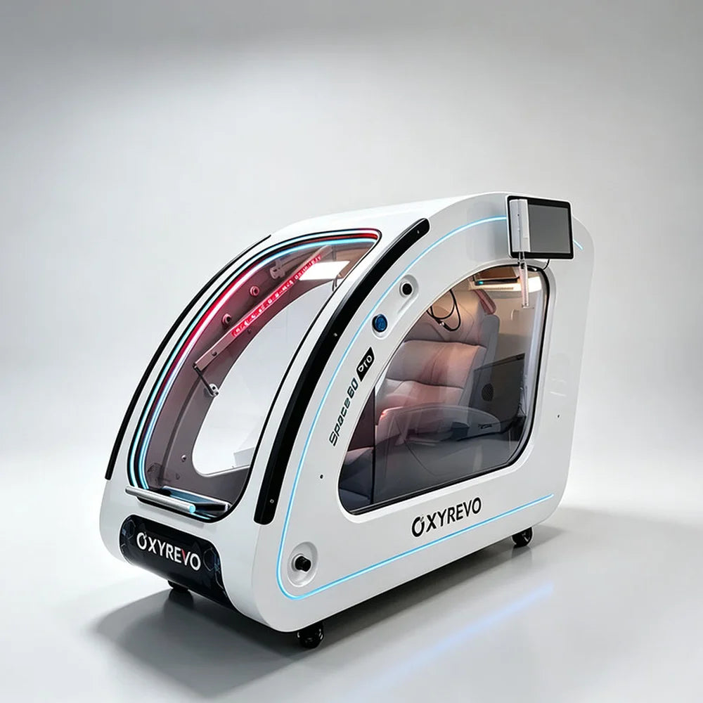 Angled white OXYREVO Space60 Pro Oxygen Chamber showing both large windows and red interior LED strip