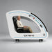 Man seated upright inside the white OXYREVO Space60 Pro Hyperbaric Chamber in sitting mode with feet down
