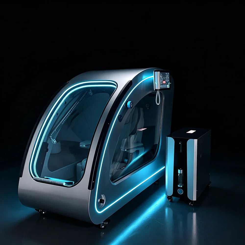 Closed silver OXYREVO Space60 Pro Hyperbaric Chamber glowing with blue trim light beside its operating machine