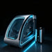 Closed silver OXYREVO Space60 Pro Hyperbaric Chamber glowing with blue trim light beside its operating machine