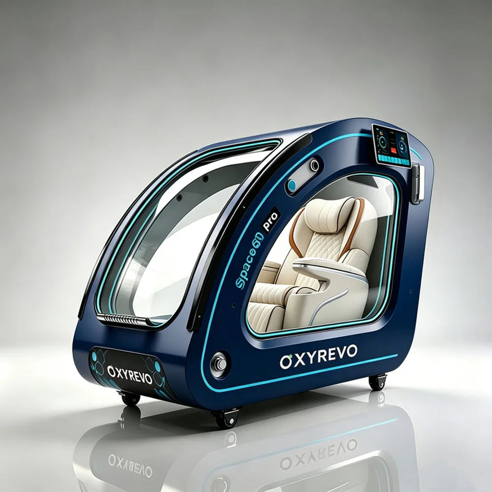 Dark blue OXYREVO Space60 Pro Hyperbaric Oxygen Chamber at an angle with cyan trim and cream recliner inside