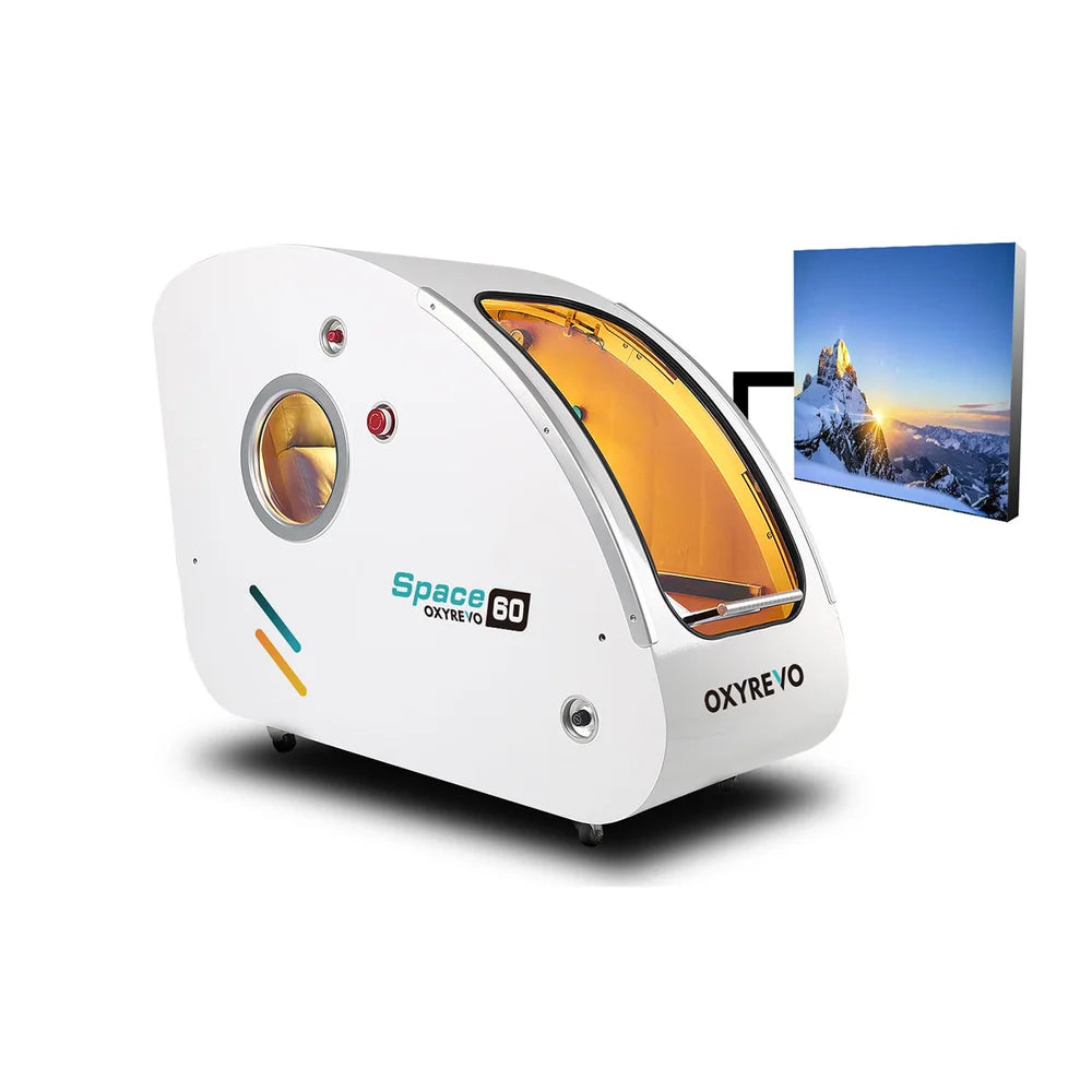 White Space60 chamber linked by an arrow to an external flat screen for the OXYREVO Space60 Pro Hyperbaric Oxygen Chamber