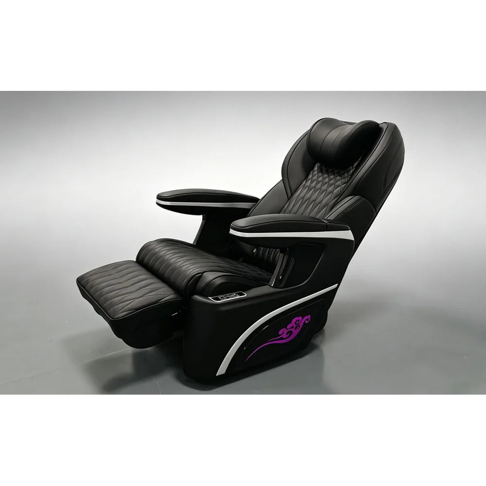 Luxury power chair for the OXYREVO Space60 Pro reclined flat with leg support raised and side control buttons