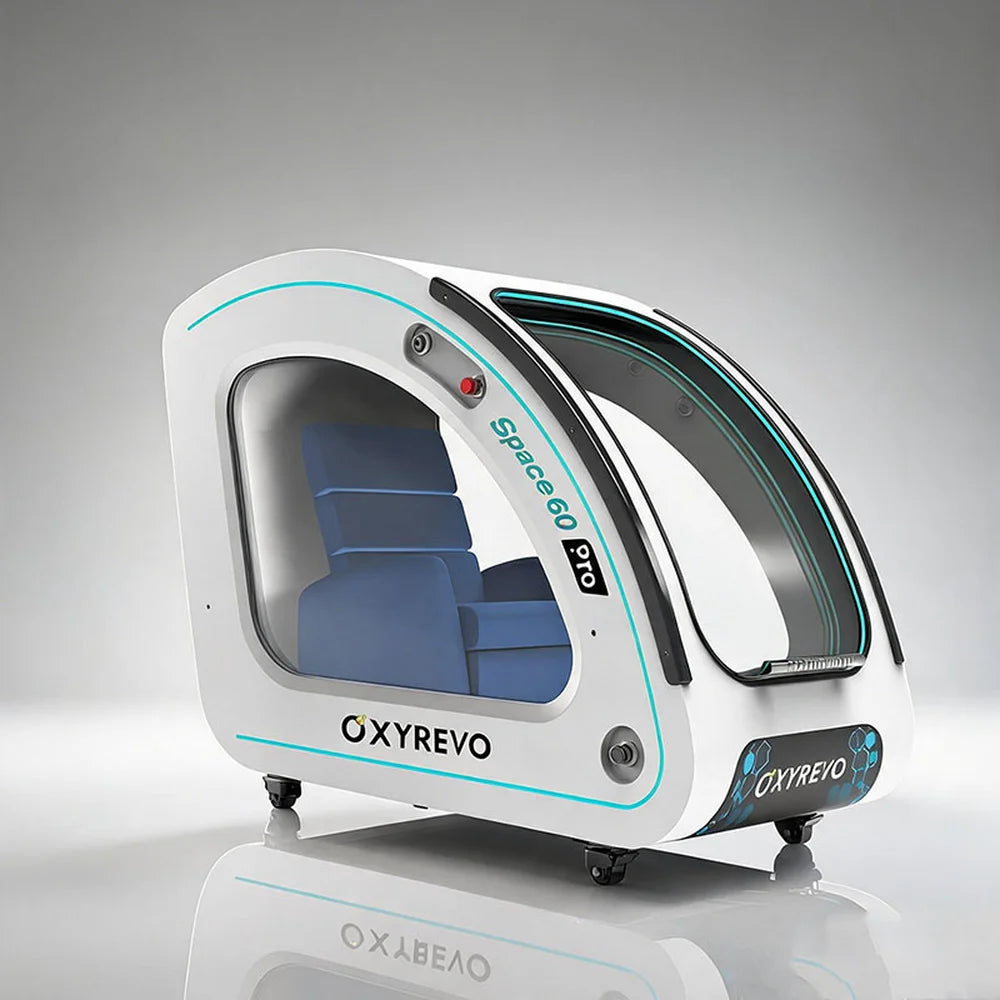 Reverse angle render of the OXYREVO Space60 Pro Hyperbaric Oxygen Chamber with blue seat behind the window