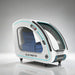 Reverse angle render of the OXYREVO Space60 Pro Hyperbaric Oxygen Chamber with blue seat behind the window